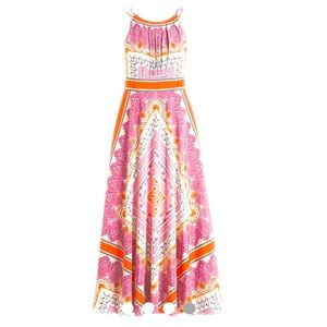 ELIZA J Scarf Print Maxi Dress Halter Pleated Scarf Fit Flare Flowy Bright 12